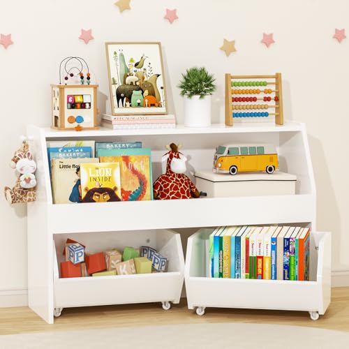 PAMPORPET Meuble Rangement Enfant, Rangement Jouet Enfant Étagère avec 2 Tiroirs Roulants, Bois Meuble Rangement Jouet avec Crochet, pour Chambre...