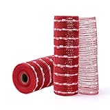 Maclemon 2 Rolls Red Snowball Deco Mesh Metallic Striped Mesh Ribbon 10 inch x 10Yard for Wreaths Christmas Tree Decorating Door DIY More