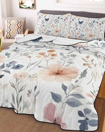 3-Piece Summer Quilt King Size, Watercolor Flower Lightweight Cooling Bedding Comforter Blanket with 2 Pillow Shams, Spring Farm Leaf Country Retro Plant Bedspreads Quilted Coverlet Sets 96