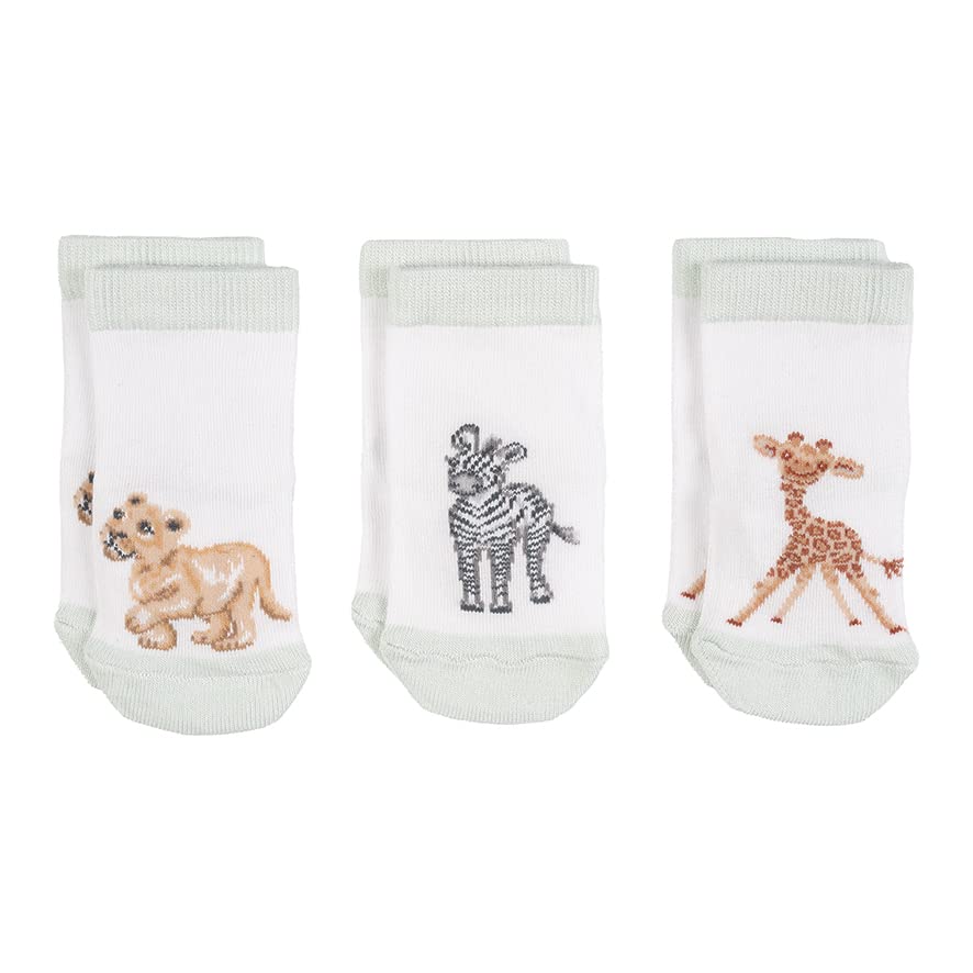 Wrendale LTW-SOCK005 - Set di 3 paia di calzini per bambini, zebra, leone, giraffa, lavabili, 0-6 mesi, bianco, 0-6 Mesi