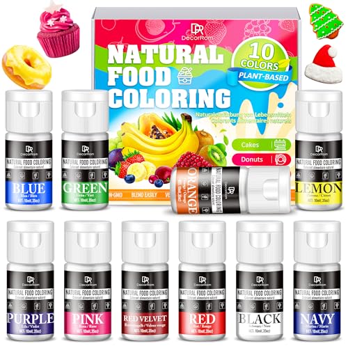 Natural Food Coloring, 10 Colors Bright Liquid Dye Free Food Coloring, Organic Plant Based Food Colorings for DIY Cake Making, Cookie Decorating, Donut, Cream, Fondant, Candy & Baking Adult Hobby