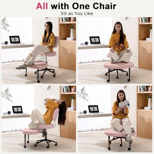Image of Ergonomic Cross Legged Office Chair，ADHD Chair for Adults，Height Adjustable Meditation Chair with Wheels，Teddy Fabric Yoga Kneeling Chairs with Comfortable Back Support (Pink)