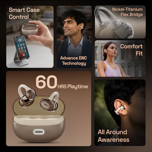 Image of ACwO DwOTS Flow 2 Open-Ear OWS Earbuds with Smart Case Control, Clip-On Design with Ear Hooks, AI-ENC Mic, Up to 60 Hours Playtime, Dual Connectivity, IPX5 Sweat Resistance, Wireless Earbuds (Brown)