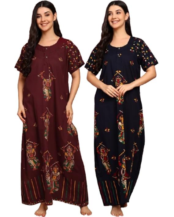 Image of OFEEFAN Women's Cotton Maxi Nightgown with Pockets - Long Soft Sleep Dress, Comfortable Loungewear for Women
