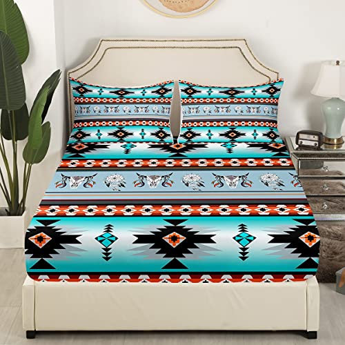 Western Boho Bedding Sets Twin,Cow Dream Catcher Bed Sheets Southwestern Fitted Sheet,Ethnic Tribe Arrow Aztec Bedding Decor Set Retro Vintage Exotic Longhorn Skull Bohemian Decor Green #TOP2