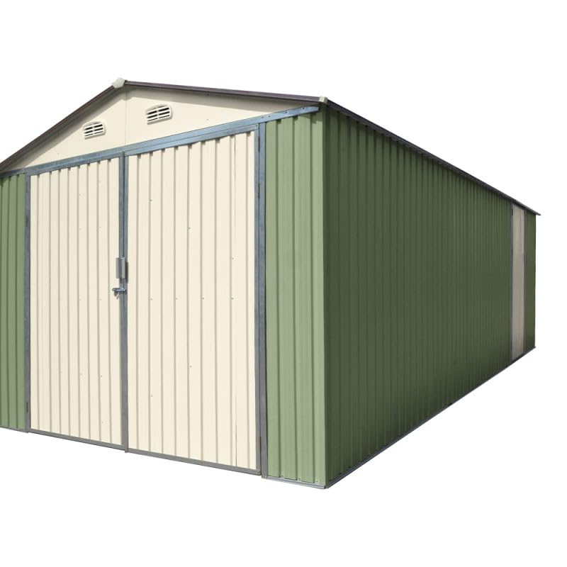 X-METAL Garage en Acier Galvanisé 18m² | Double Porte, Couleur Vert Pâle et Crème, Kit Ancrage Inclus | Rangement Extérieur, Toit Crème, Porte Latérale...