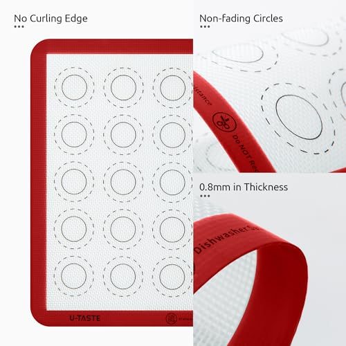 Image of 446ºF Heat Resistant Macaron Mat: U-Taste 11x11in Non Stick Silicone Baking Mat, Reusable Cookies Pastry Sheet Liner with Edge Enhancement & Circle Measurement for Square Cake Pan (2 PCS, Red)