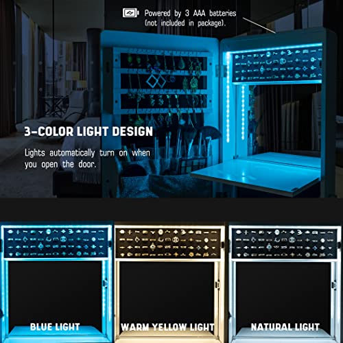 Tektalk 47.2" Jewelry Armoire With Fingerprint Lock, Wall/Door Mounted Jewelry Cabinet With 3 Color Interior Led Lights & Interior Makeup Mirror, Shiny Makeup Brush Bag & Watch Storage - White #TOP3
