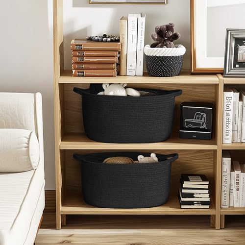 Image of MEGASKET Black Woven Storage Basket, 17 inchx12 inchx8 inch Cotton Rope Baskets for Organizing Dog Toy, Gift, Book, Towel, Cloth, Shoe, Decorative Wicker Storage Bin for Shelves, Closet, Bathroom, Living Room