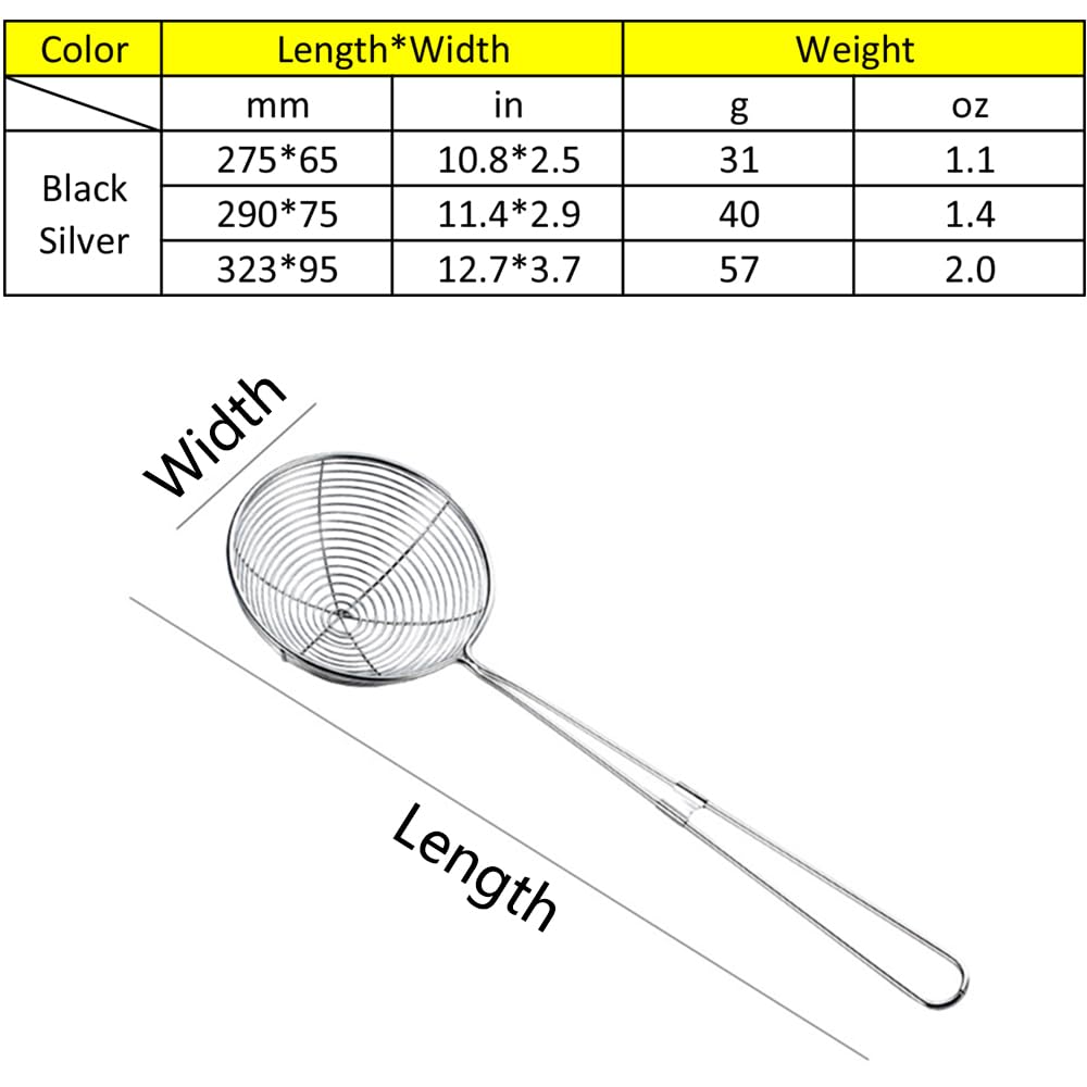 Cuchara coladora de araña de acero inoxidable, 3 cucharas coladoras de alambre de cocina, cucharón colador para cocinar, freír alimentos, pasta (27,5 cm/negro)