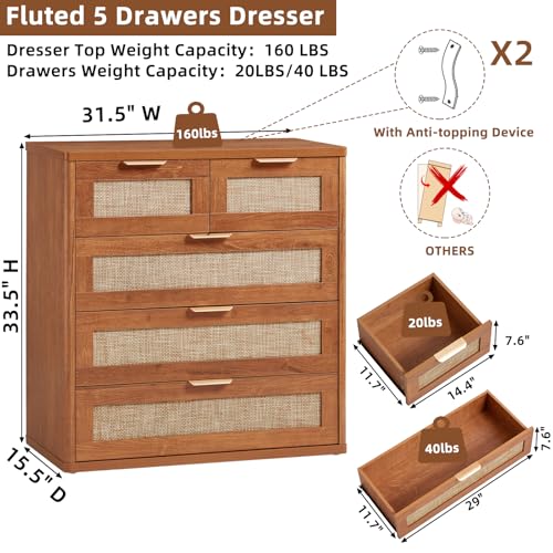 Image of LEYAOYAO Rattan Dresser for Bedroom, 33.5 inch Tall Chest of Drawers, Modern 5 Drawers Boho Dressers with Storage, Vintage Brown Dresser Wooden Closet Organizer for Living Room, Hallway