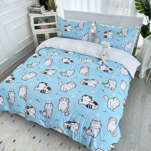 HOSIMA Blue Cats Duvet Cover Double Size, Kawaii Cat Bedding Set, Durable Comforter Cover Set for Boys Girls Easy Care (No Comforter) - Image 2