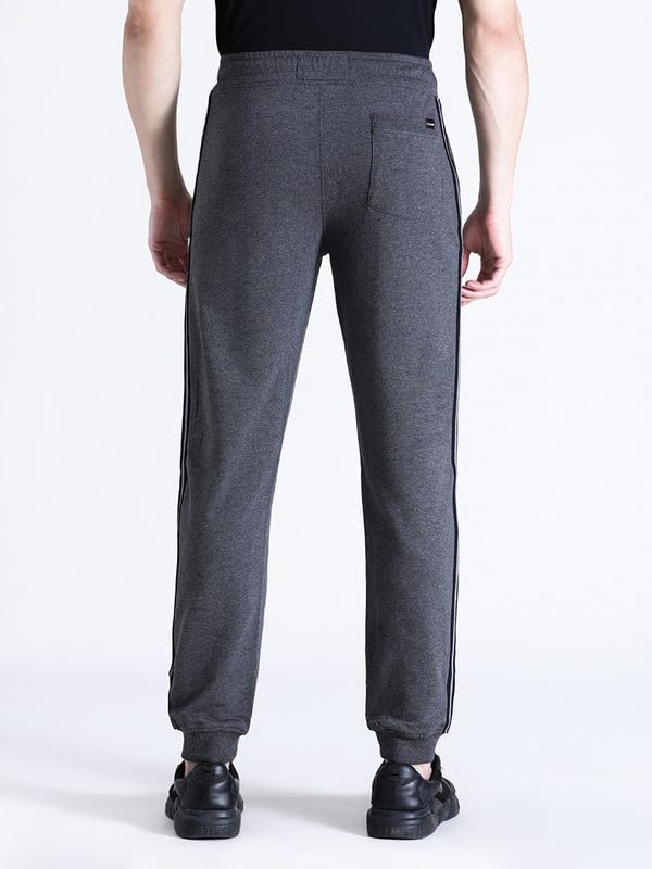 Image of CROCODILE Men Solid French Terry Joggers | Classic Fit | Mid Rise | Drawstring Closure | Ankle Length | Casual Wear Navy Melange