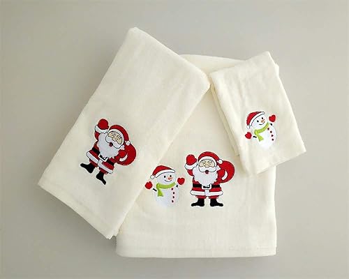 Miniatura 7 de BH Home & Linen Season's Greetings - Juego de 3 toallas bordadas con temática navideña, hechas de 100% algodón, (rojo) Sant & Snowman)