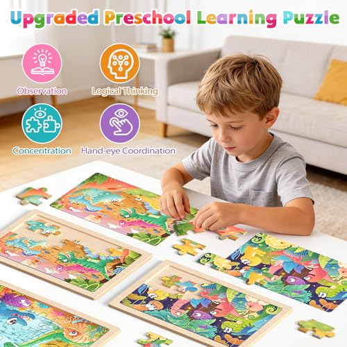 Image of Zeoddler Wooden Puzzles for Kids 3-5, 4 Pack Dinosaur Jigsaw Puzzles for Toddlers, 20 Pieces Preschool Learning Activities, Learning & Educational Puzzles, Gift for Boys, Girls