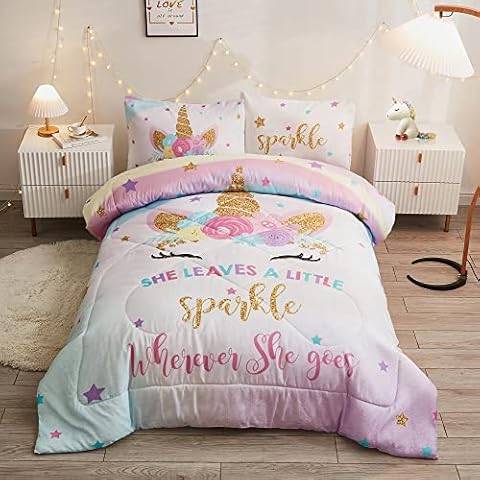 Cokouchyi Twin Size Comforter Set for Girls, 5-Piece Bed in a Bag, 3D Colorful Unicorn Bedding Comforter Sheet Set, Ultra Soft and Fluffy, Pink & Rainbow Color Cover