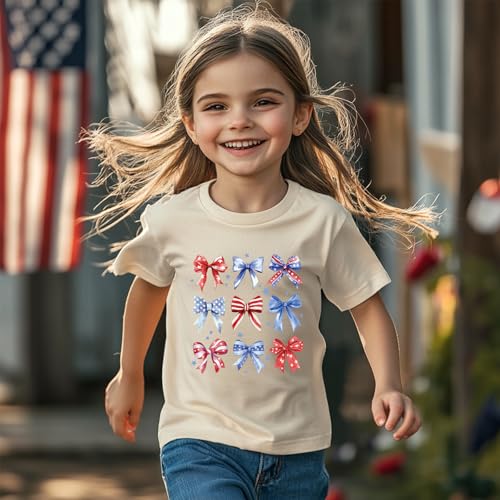 Image of Girl American Flag Shirts Bow Tshirt 4th of July Shirt Cotton Short Sleeve Tees 2-12 Years