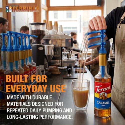 Image of Syrup Pump, Compatible with 750ml Torani, Davinci & Skinny, 2-Pack, Blue | Leak-free, 1 /4oz precision pump with locking nozzle. Great for coffee bar accessories, dirty soda stations & dessert sauces