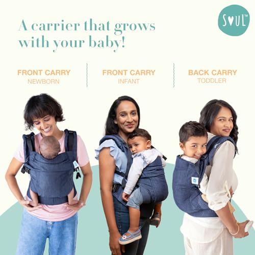 Image of SOULSLINGS Aseema Baby Carrier - Denim | Award-Winning Newborn to Toddler Carrier | Adjustable for 0 Months to 2 Years, Breathable Natural Fibres | Front & Back Carrying, Machine Washable