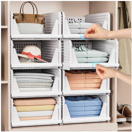 4 Pack Stackable Closet Storage Basket – Stackable Storage Bins, Multifunctional & Foldable Closet Organizer, Wardrobe Cupboard Space-Saving Clothes Storage Hat Organizer, White