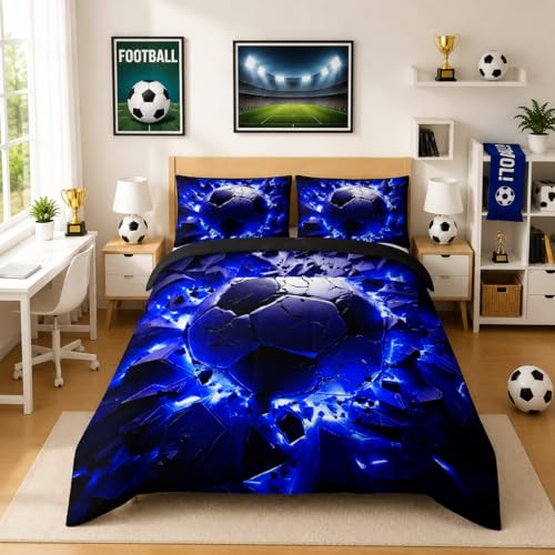 Image of Nttopship Soccer Bedding Comforter Set King Size for Kids Teens and Adults, Blue and Black Football Printed Bedding Sets 3 PCS,Ball Sports Themed Bedroom Decor with 1 Comforter and 2 Pillowcases
