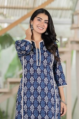 Image of Women's Cotton Straight Kurti with Geometric Print, 3 /4 Sleeves, Lace Trim Detail, Regular Fit, Casual Wear