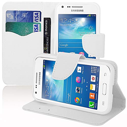 annaPrime Etui Coque Housse pour Samsung Galaxy Core Plus G3500/ Trend 3 G3502, Etui Portefeuille Support Video Cuir PU Effet Tissu Couleur Blanc