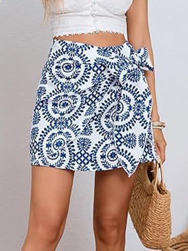 Women Summer Boho Print Wrap Short Skirt Tie Side High Waist A Line Beach Mini Skirt2