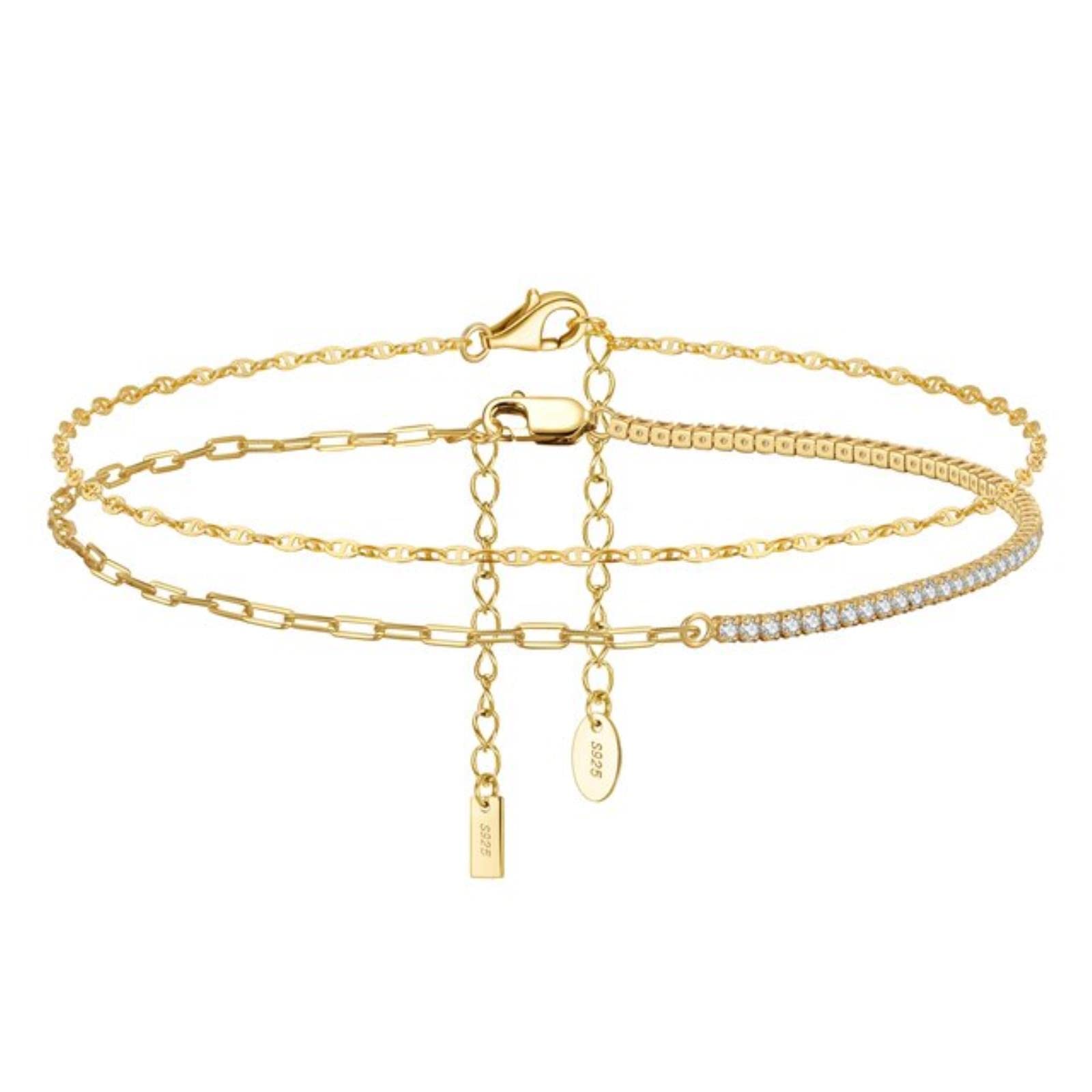Pulsera de pie, cadenas for el tobillo, 2 piezas / juego 925 Cadena de eslabones de marinero de plata esterlina Tobilleras con clip de papel de tenis for mujeres Correas de cadena de pie de verano Joy