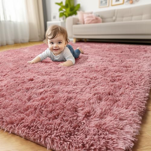 Amdrebio Blush Pink Area Rugs for Girls Bedroom, Fuzzy Furry Fluffy Kawaii Rugs for Kids Room Playroom, Shaggy Small Fur Plush Shag Carpet for Nursery Dorm Classroom, Cute Dusty Rose Mauve Rug 4x6