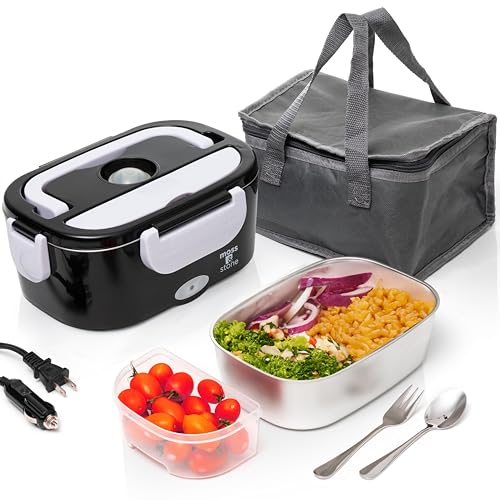 Moss & Stone Electric Lunch Box Food Heater for Adults Black & White Food Warmer Lunch Box, 12/24/110v Lunch Box Warmer Portable For Work/Car/Truck, Fork & Spoon & 1.5L Removable S.S Container