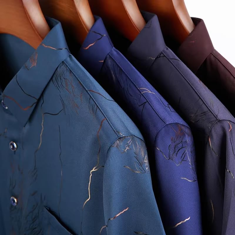 Men Summer Short Sleeve Print Silk Shirts Mens Casual Cotton Slim Fit T-Shirt