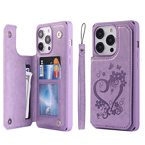 Image of Cavor for iPhone 14 Pro Case with Card Holder,for iPhone 14 Pro Wallet Case for Women Men,Phone Case for iPhone 14 pro with Stand Credit Card Holder, Leather Strap Shockproof Cover- Purple