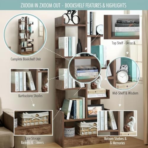 Image of Wooden Bookshelf for Living Room | 8-Tier Bookcase Storage Organizer | Multipurpose Display Shelf for Books, Plants & Decor | Freestanding Engineered Wood Book Rack for Home, Office & Bedroom