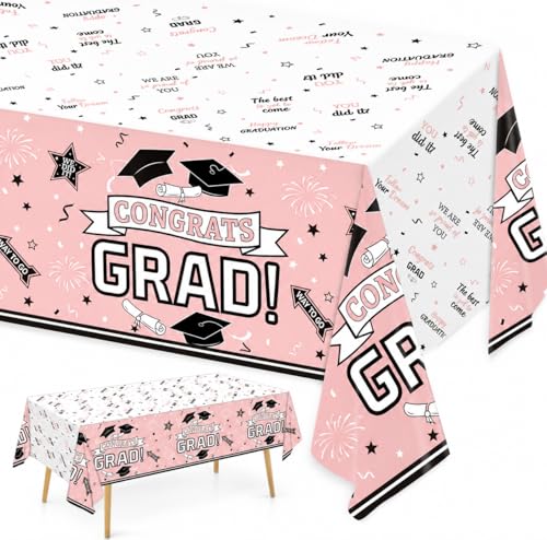 Image of Oigco Graduation Party Decorations, Congrats Grad Graduation Tablecloth for 2026 Graduation Party Supplies, 3 Pack Pink Disposable Plastic Table Cloths, 54 inchx108 inch
