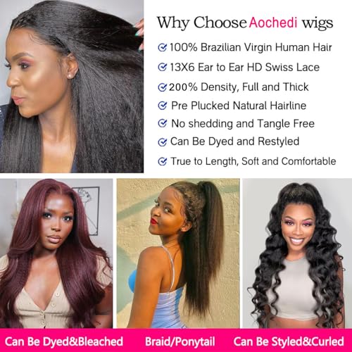 Aochedi 13X6 Kinky Straight Human Hair Wig 200% Density Hd Lace Front Wigs Human Hair Pre Plucked 22 Inch Yaki Straight Human Hair Wig For Women Brazilian Wigs Human Hair Natural Color thumb #2