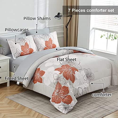 Floral Comforter Set Queen Size, Terracotta Floral Pattern Printed On Light Grey, Soft Microfiber 7 Pieces Bed In A Bag (1 Comforter, 2 Pillow Shams, 1 Flat Sheet, 1 Fitted Sheet, 2 Pillowcases) #TOP1