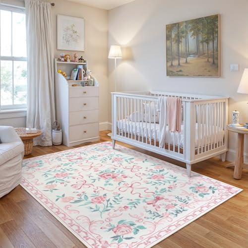Collive Pink Rugs for Bedroom Girls, 4x6 Floral Washable Area