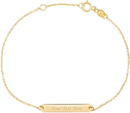 UNICORNJ Collar o pulsera con colgante de barra personalizada grabable de oro amarillo de 14 quilates pulido brillante en cadena de cable, Italia