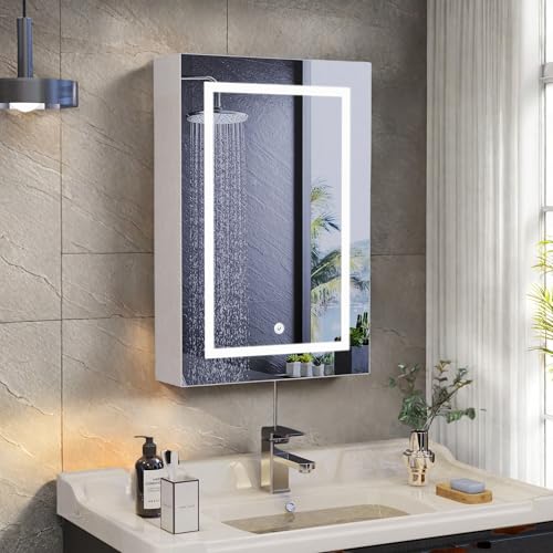 Armario de pared para cuarto de baño, armario de pared con espejo, LED blanco frío/calor/neutro, atenuación antivaho y ajuste de color de almacenamiento WC con estantes ajustables, 50 x 15 x 70 cm