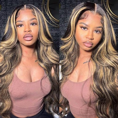 Juvid Balayage Wig Human Hair 13X6 HD Ombre Lace Front 200% Density FB/27 Body Wave Highlight Glueless Wig Pre Plucked Black and Honey Blonde Wigs for Black Women 26inch