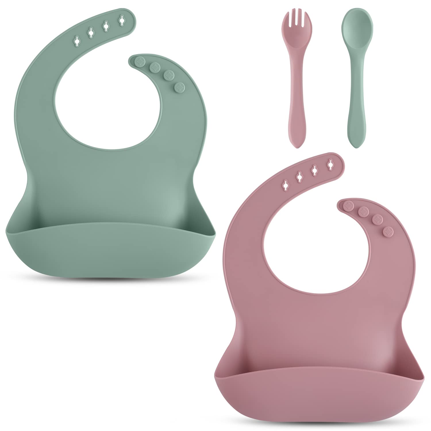 CICINIO Silicone Bibs for Babies & Toddlers 2 Pack, Adjustable Soft Waterproof Baby Feeding Bibs for Babies and Toddlers