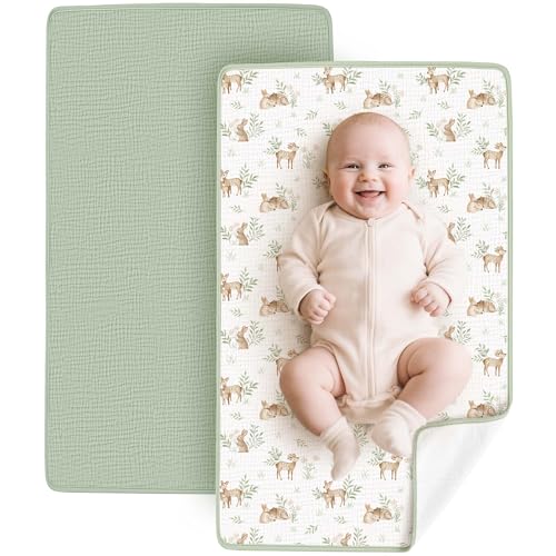 Image of Konssy 2 Pack Waterproof Muslin Cotton Portable Changing Pad 30"x 17", Soft & Foldable Baby Changing Mat Travel Pad with Terry Backing, Shower Gift for Newborn Girls Boys (Woodland,Sage)