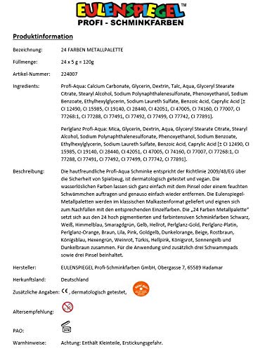Eulenspiegel 224007 - Maquillaje profesional aqua, 24 colores, 3 pinceles profesionales, 3 esponjas, paleta metálica