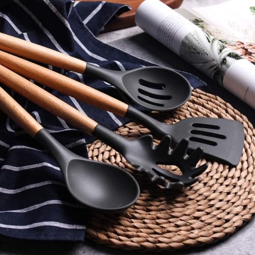 Image of 12-Piece Silicone Kitchen Utensil Set with Wooden Handles & Holder | Heat Resistant Non-Stick Cooking Tools | BPA Free Kitchen Spatula Set for Cooking & Baking