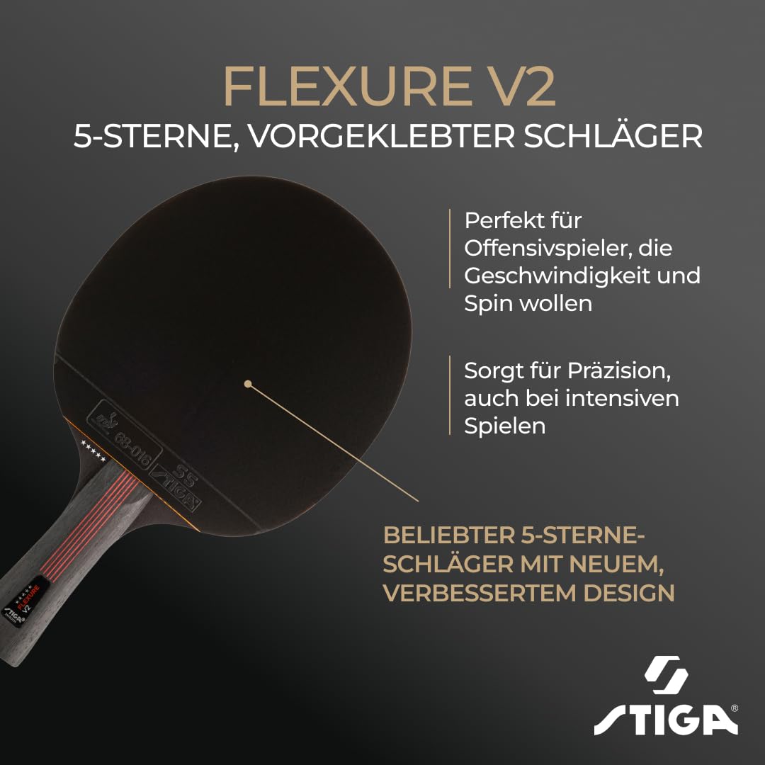 STIGA Flexure V2 Tischtennisschläger – 5 Sterne Tischtennisholz, ITTF-zugelassener STAR5-Belag, ergonomischer Griff – für Offensive Spieler, Schwarz