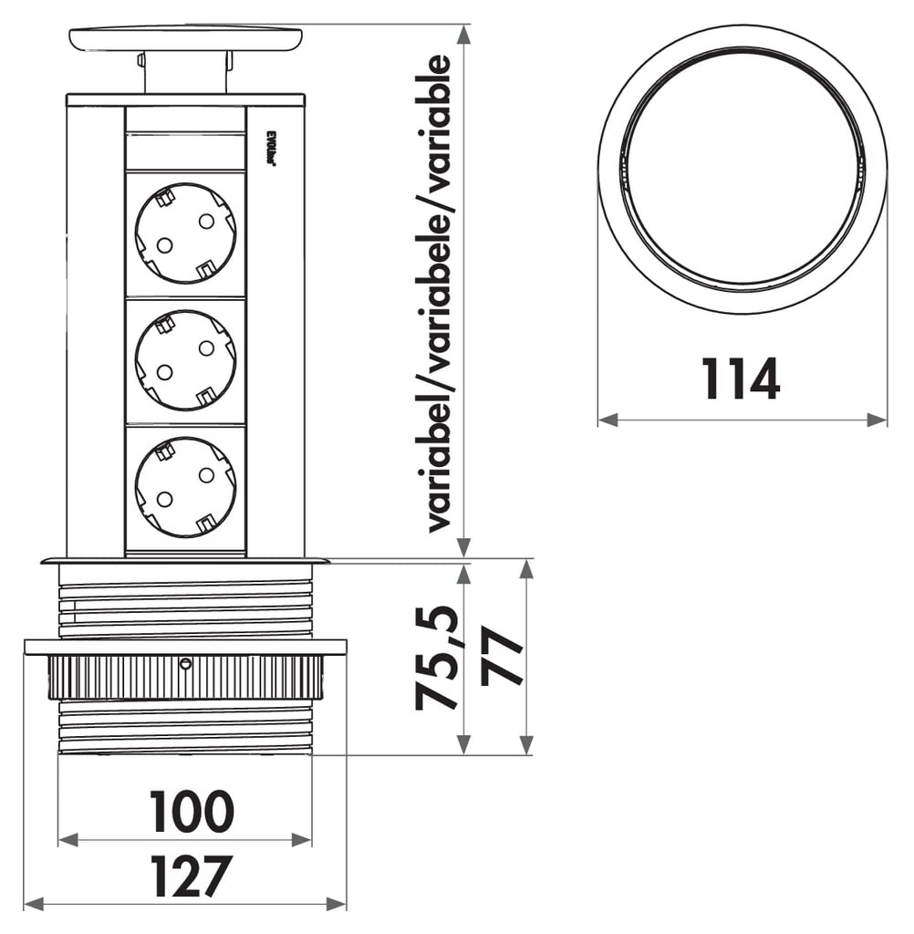 EVOLINE Port 1 gniazdo wtykowe, 3-krotne, wpuszczane, czarne