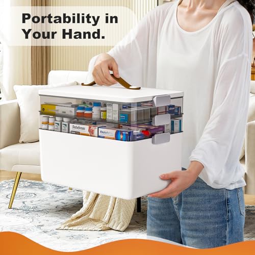 Image of funest 3-Tier Medicine Craft,Sewing,Art,Organizer Storage,Portable Latch Bin with Lid and Leather Handle,Pill Bottle, First Aid, A Household Essential