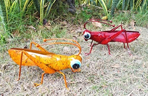 ShabbyDecor Metal Grasshopper Figurine Yard Art Locust Lawn Ornament Mantis Hanging Wall Sculpture Decoration Set of 2,Red&Yellow