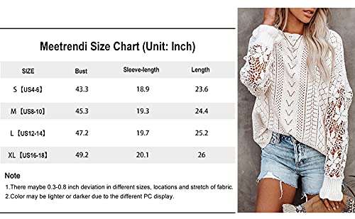 Meetrendi Women's Lace Crochet Sweater Long Sleeve Crewneck Casual Loose Blouse Hollow Out Knit Pullover Jumper Tops White #TOP3